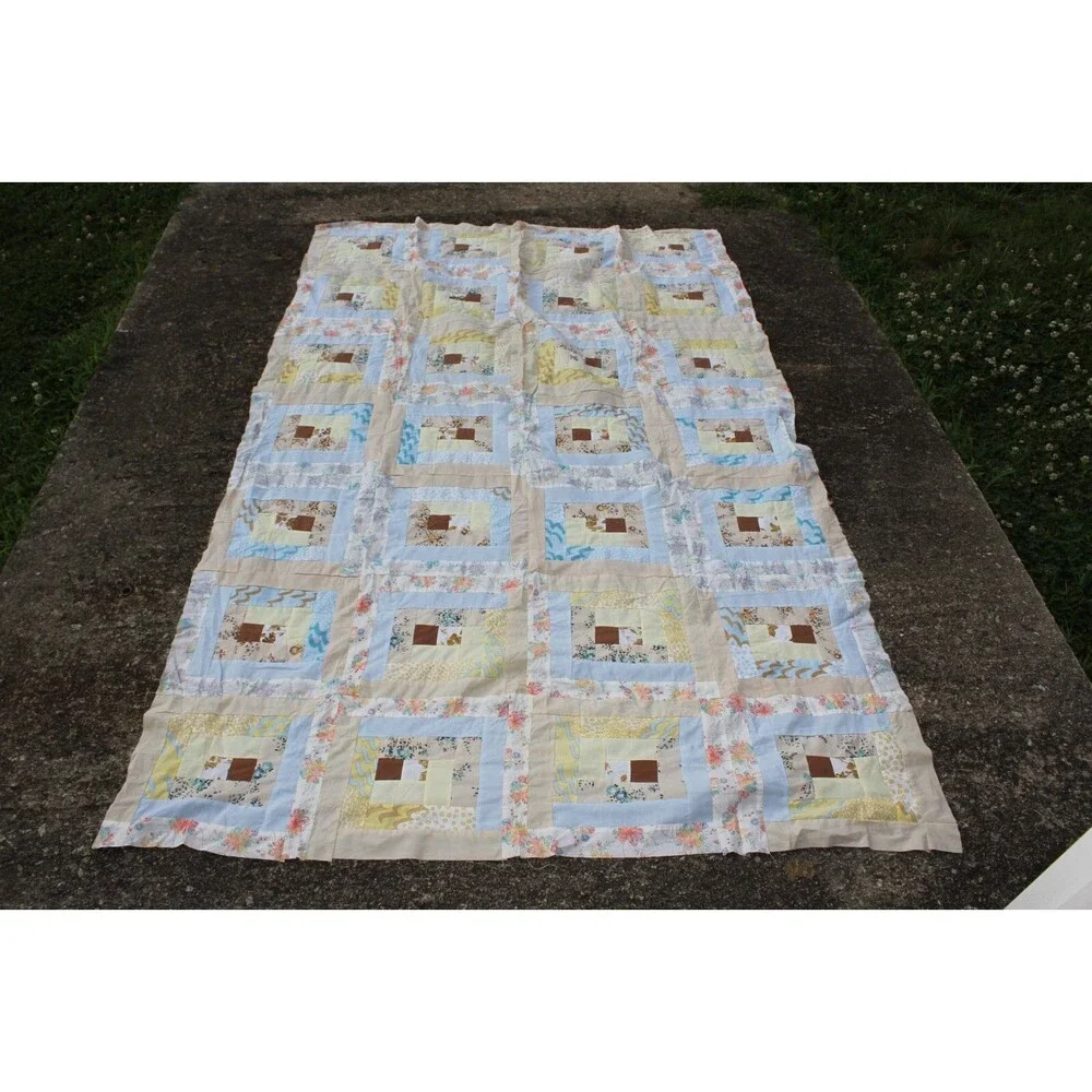 Vintage Handsewn Log Cabin Quilt Top Small Prints 64x105